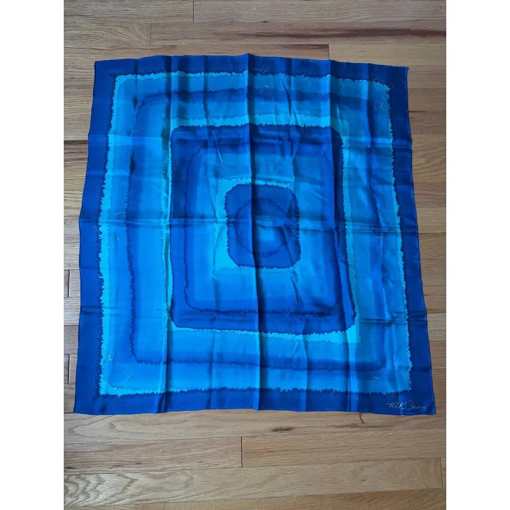 Signed Hand Dyed Hand Painted Hand Rolled Silk Wearable Art Scarf Blue Gold OOAK